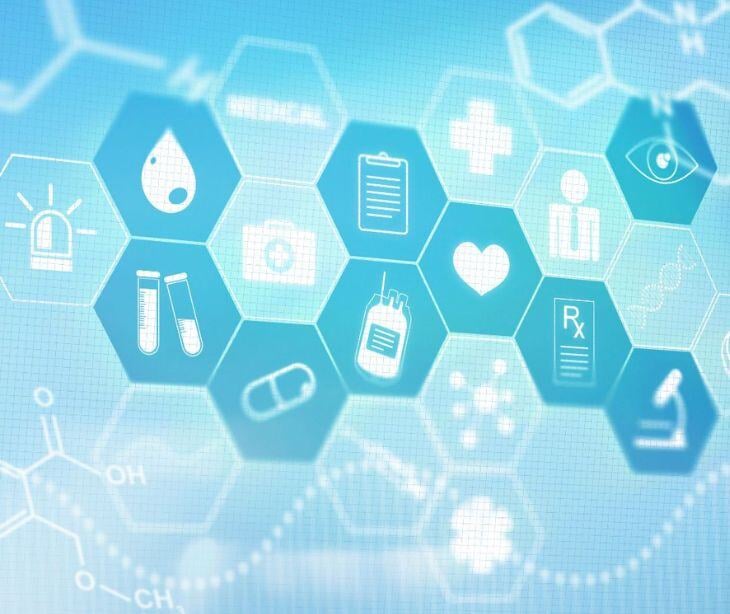 floating digital healthcare icons in blue