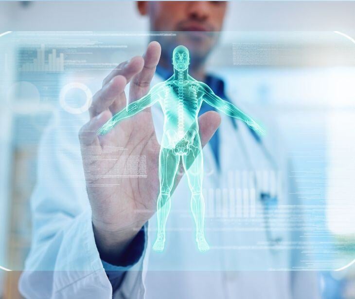 digital human model over healthcare provider hand in white coat