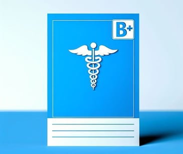 b+ report card with medical symbol in blue