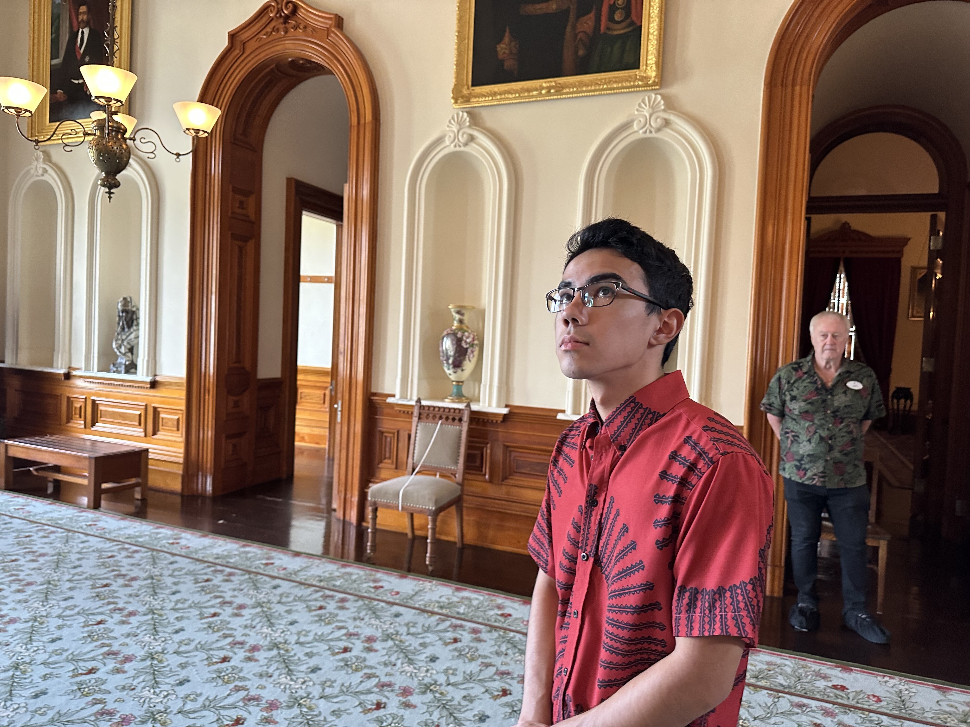 Paubox Kahikina Scholarship recipient Colton Mills takes in the ground floor of ʻIolani Palace | A tour of ʻIolani Palace - Paubox Kahikina Scholarship