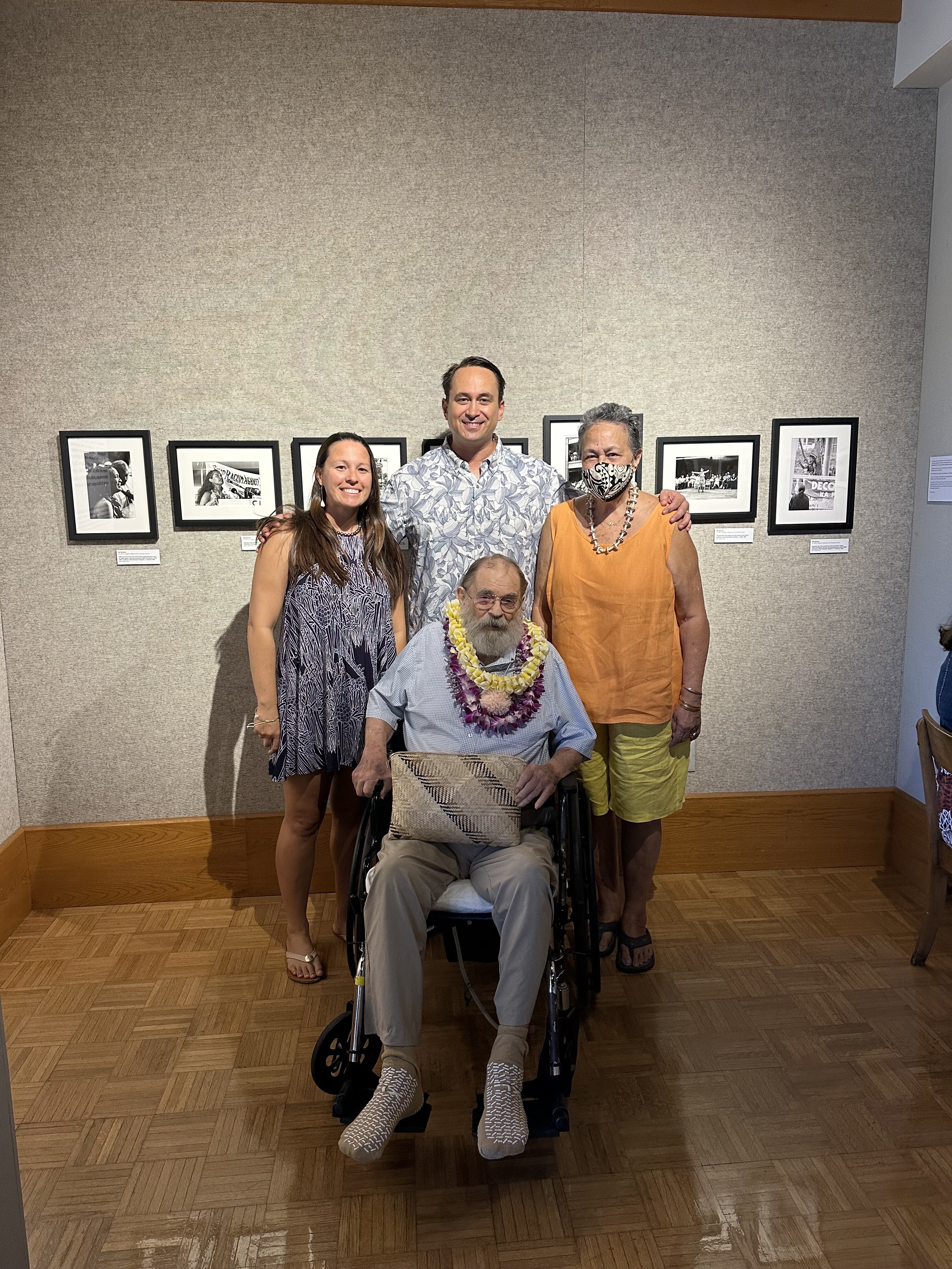 Family photo: Ed Greevy, Haahe Mansfield, Lisa Greevy, Hoala Greevy | Opening night: OG photogs at Windward Community College