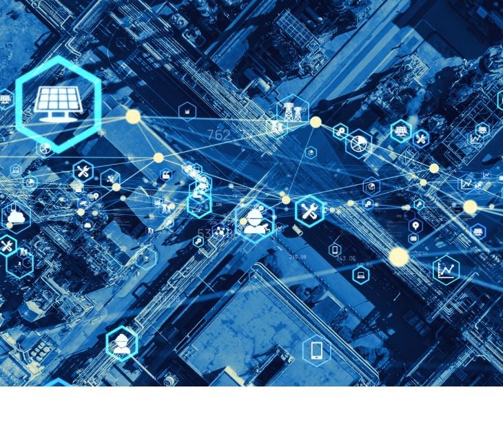 digital concept of a supply chain using icons and city skyline