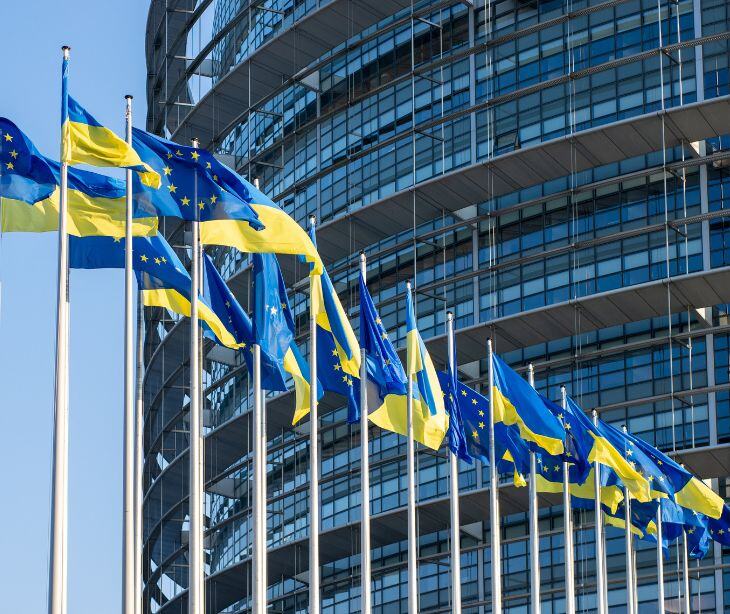 EU parliament with Ukraine flags
