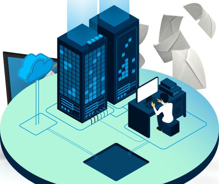 graphic of man on computer in front of two buildings